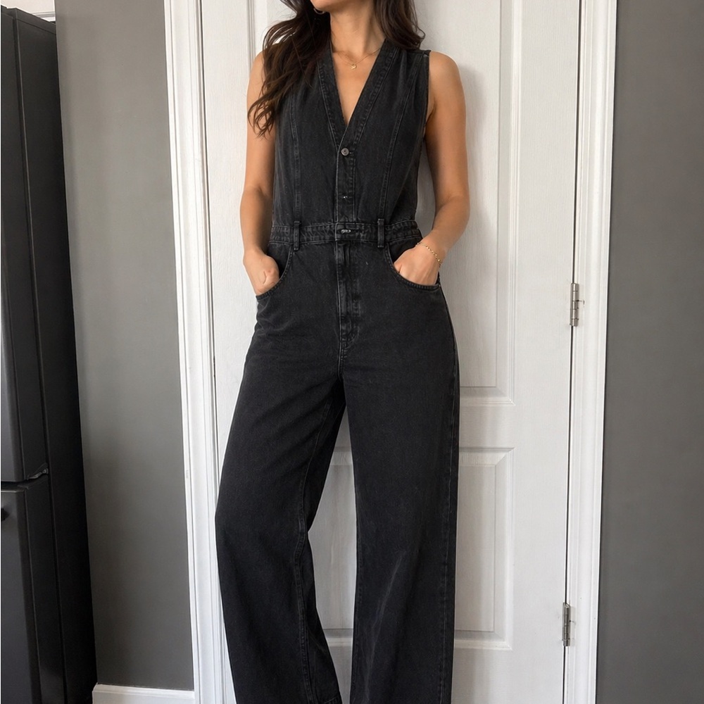 Erica Rose Black Sleeveless Wide-Leg Denim Jumpsuit
